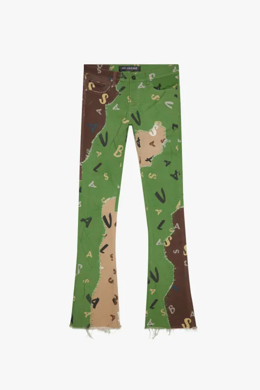 "DISTRACTED" KHAKI-LIME STACKED FLARE JEAN sold by valabasas
