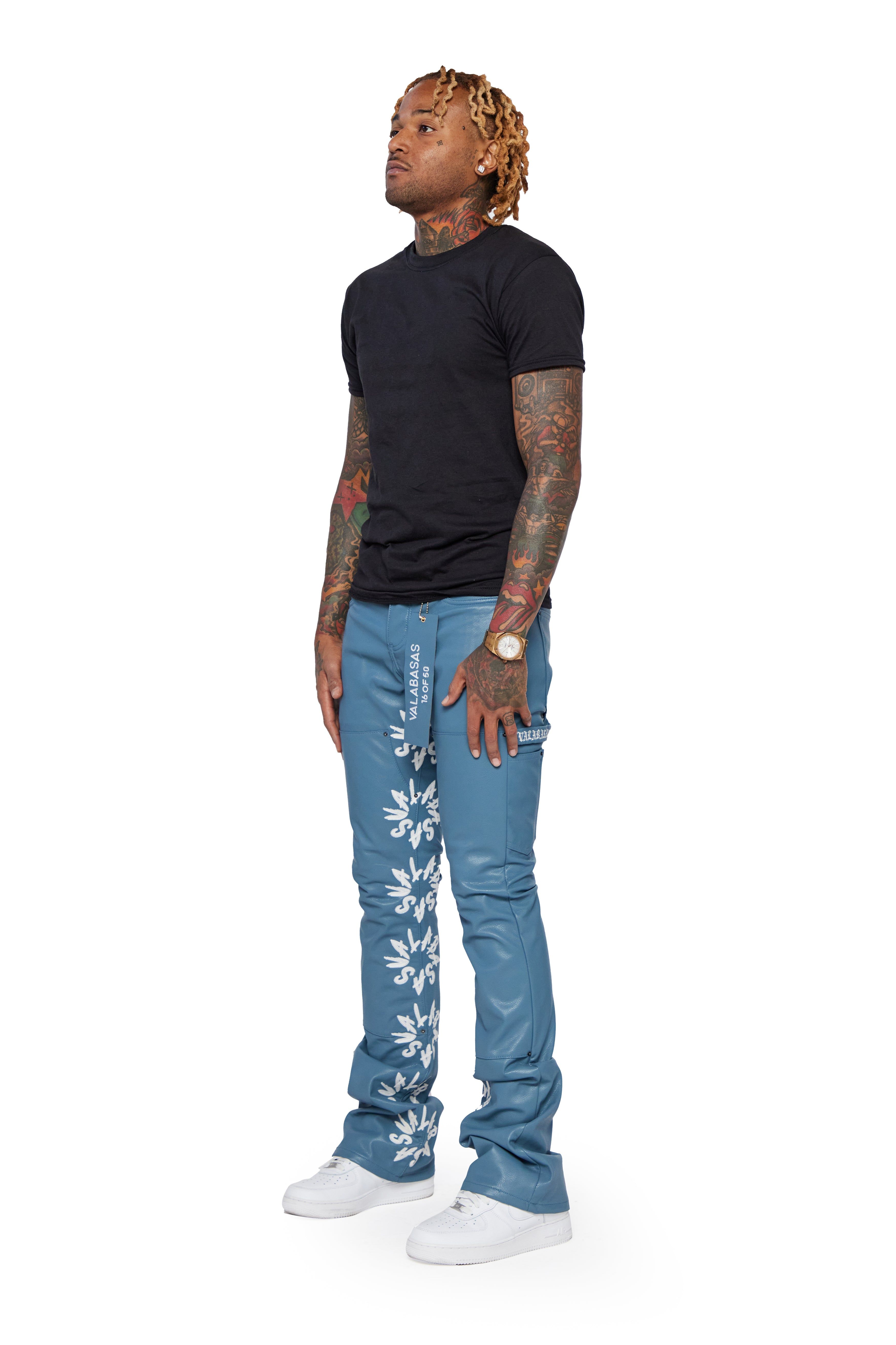 "AKITA" BLUE WHITE LEATHER STACKED FLARE JEAN sold by valabasas product image thumbnail 3