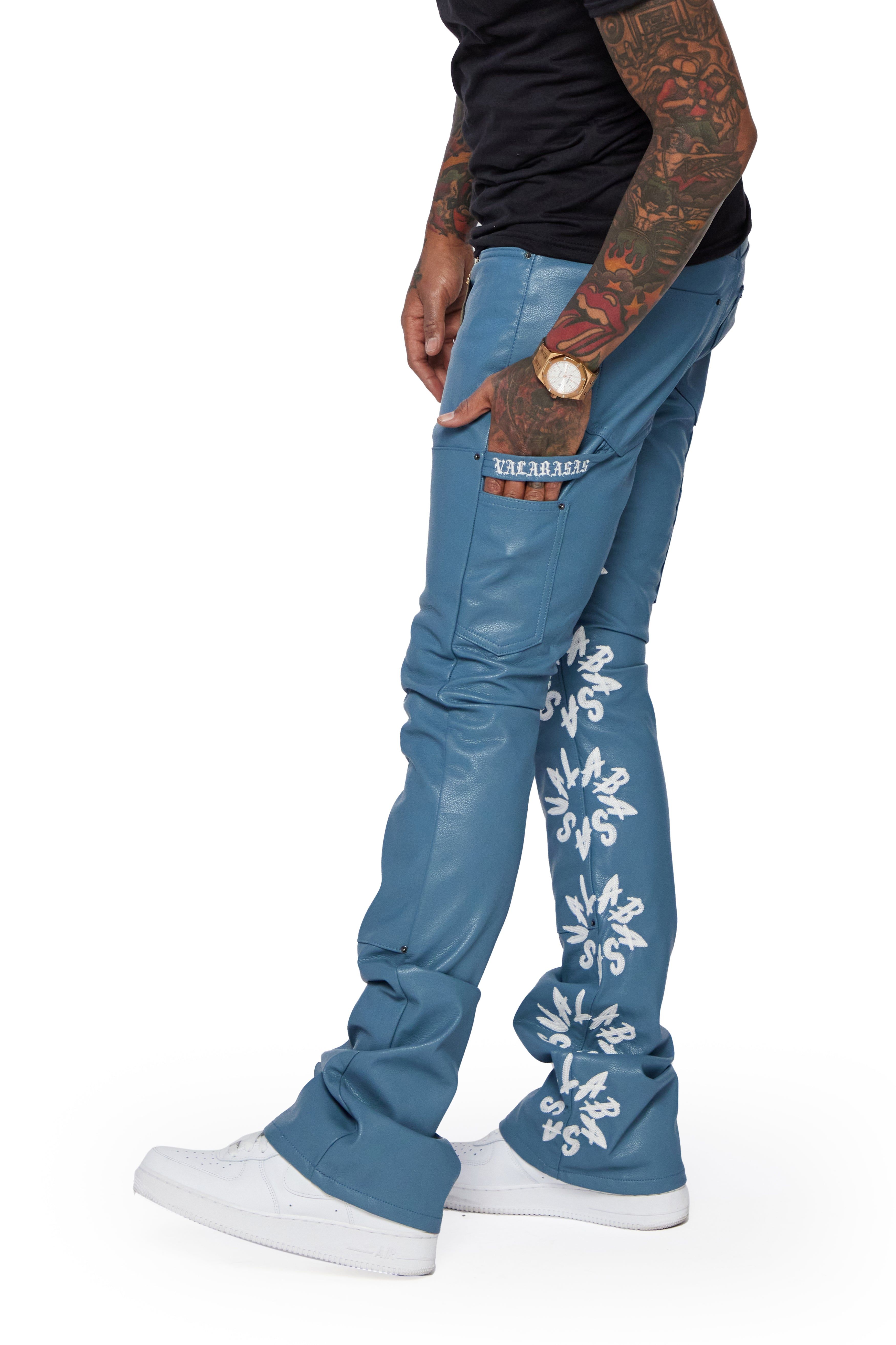 "AKITA" BLUE WHITE LEATHER STACKED FLARE JEAN sold by valabasas product image thumbnail 2