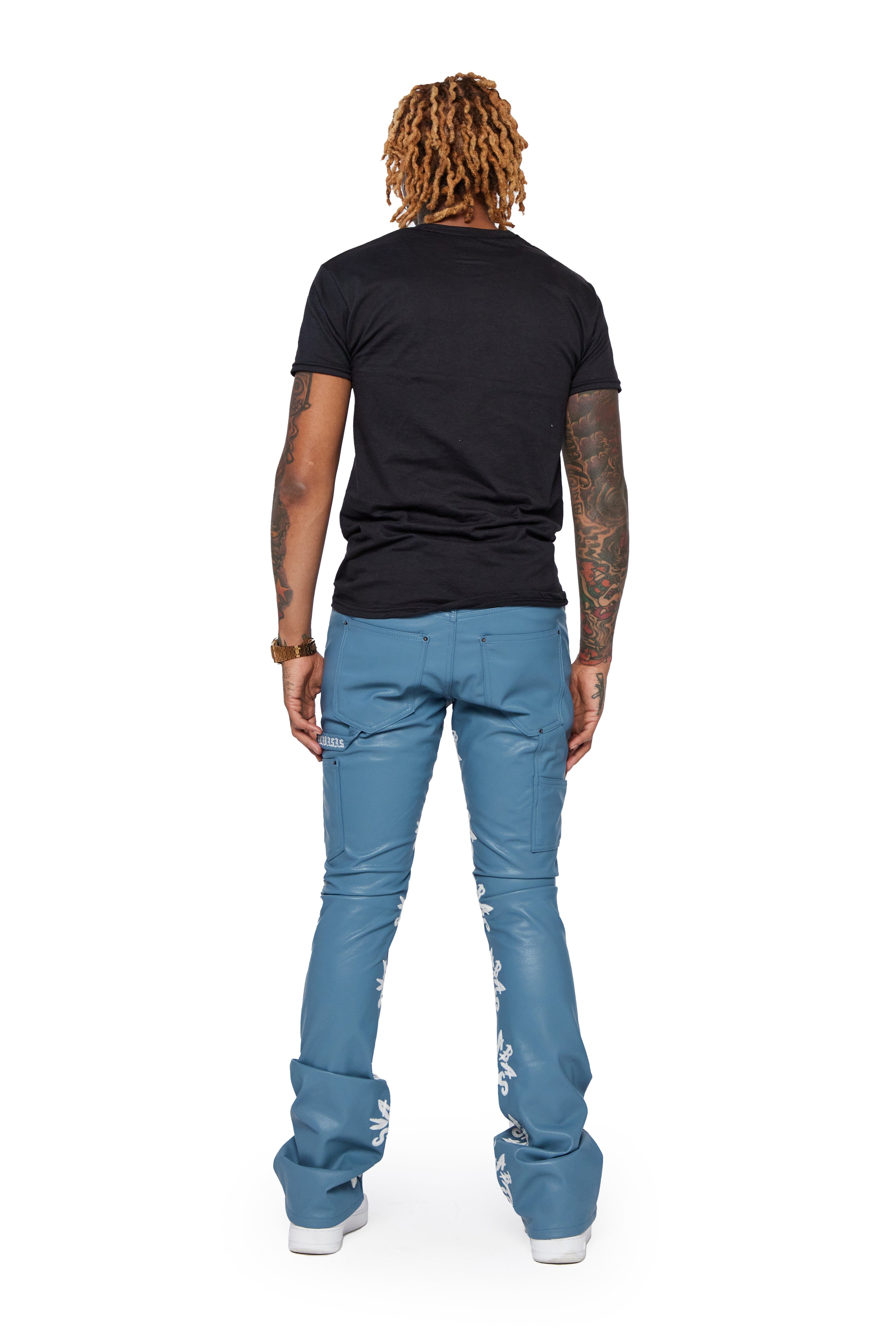 "AKITA" BLUE WHITE LEATHER STACKED FLARE JEAN sold by valabasas product image thumbnail 4