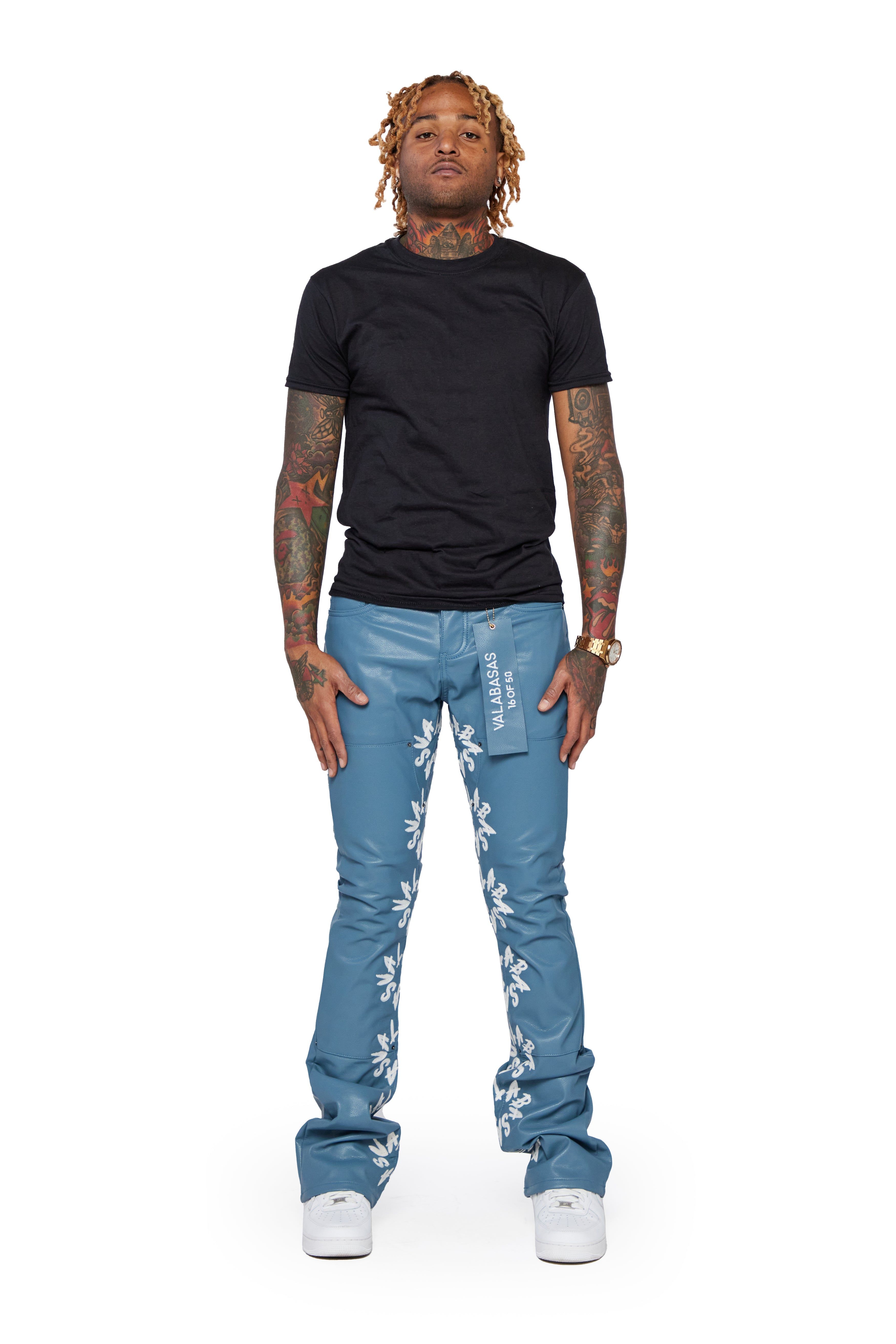 "AKITA" BLUE WHITE LEATHER STACKED FLARE JEAN sold by valabasas product image thumbnail 6