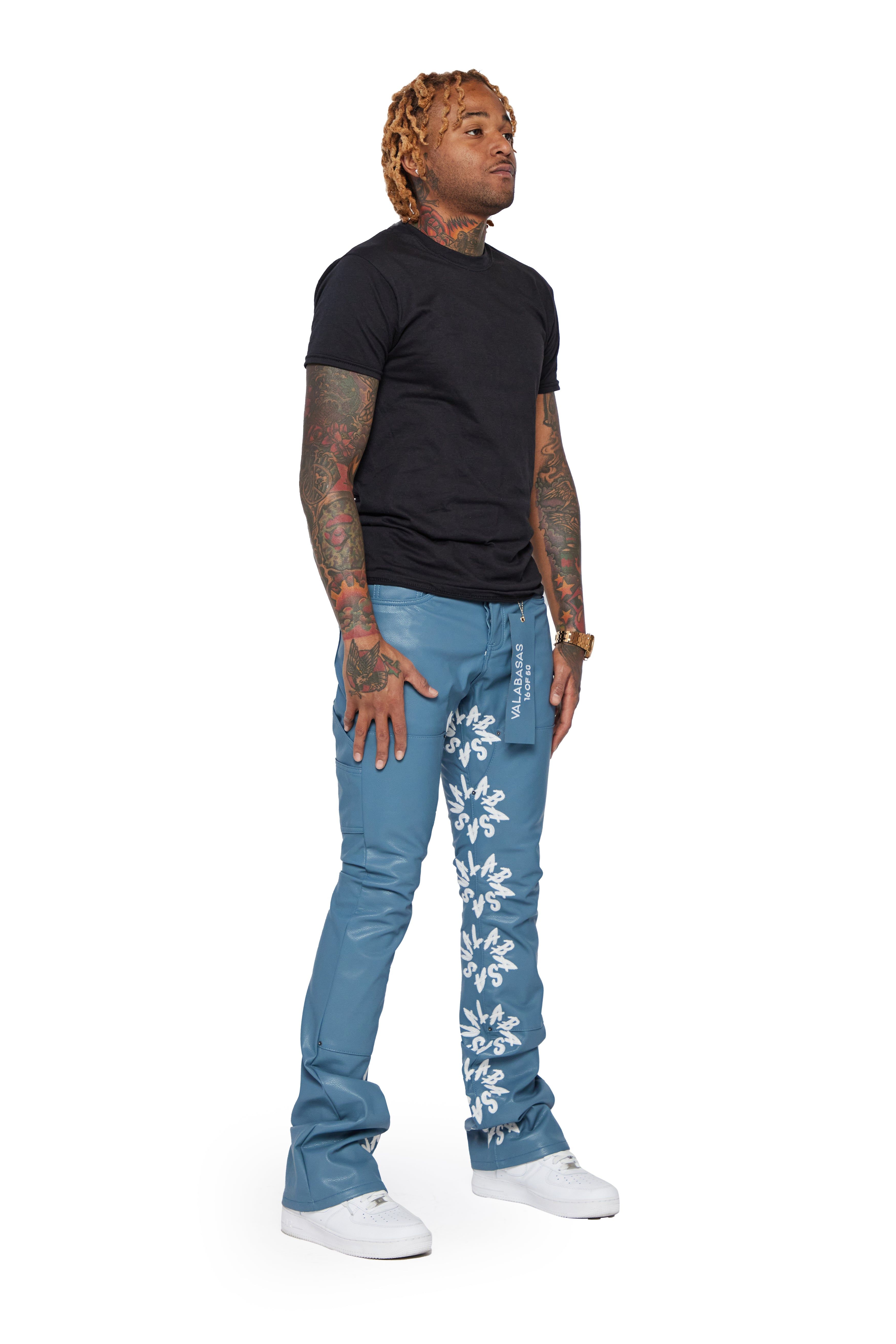 "AKITA" BLUE WHITE LEATHER STACKED FLARE JEAN sold by valabasas product image thumbnail 5