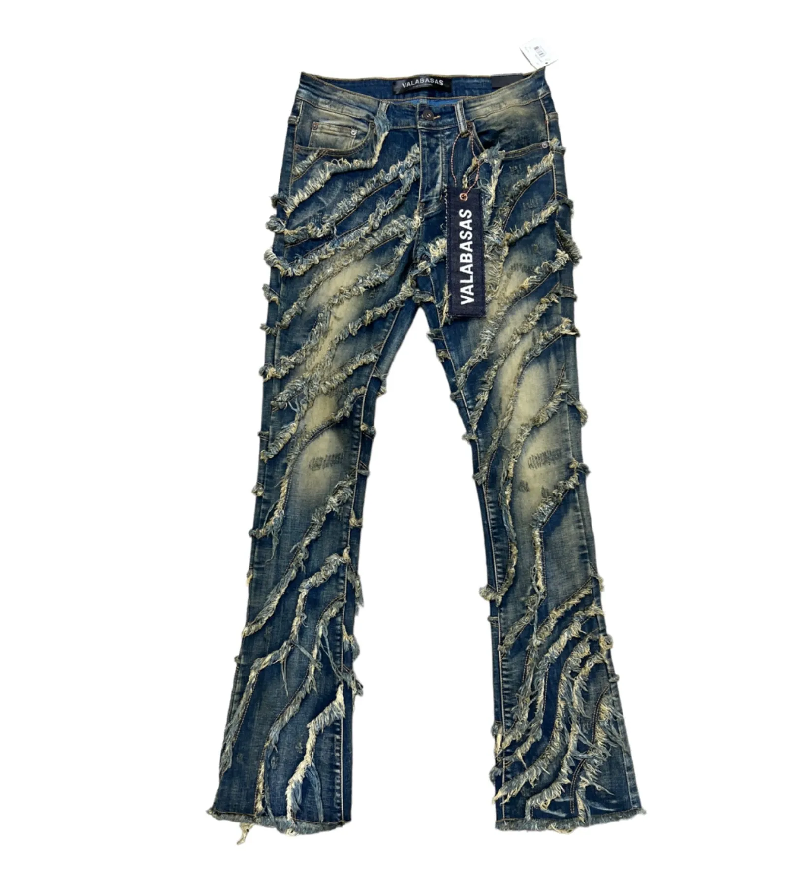 “GRIT” TAN BLUE STACKED FLARE JEAN sold by valabasas