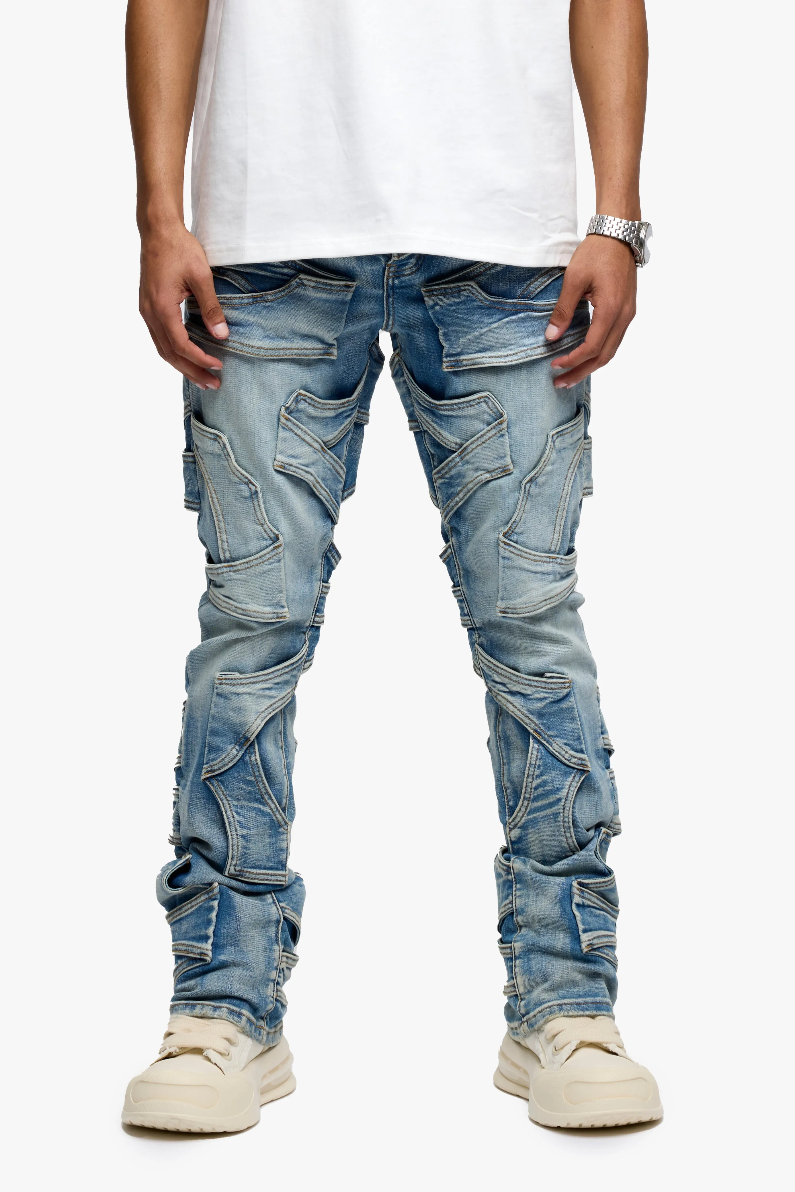 Pump Stacked Flare Jean Light Blue Washed sold by valabasas