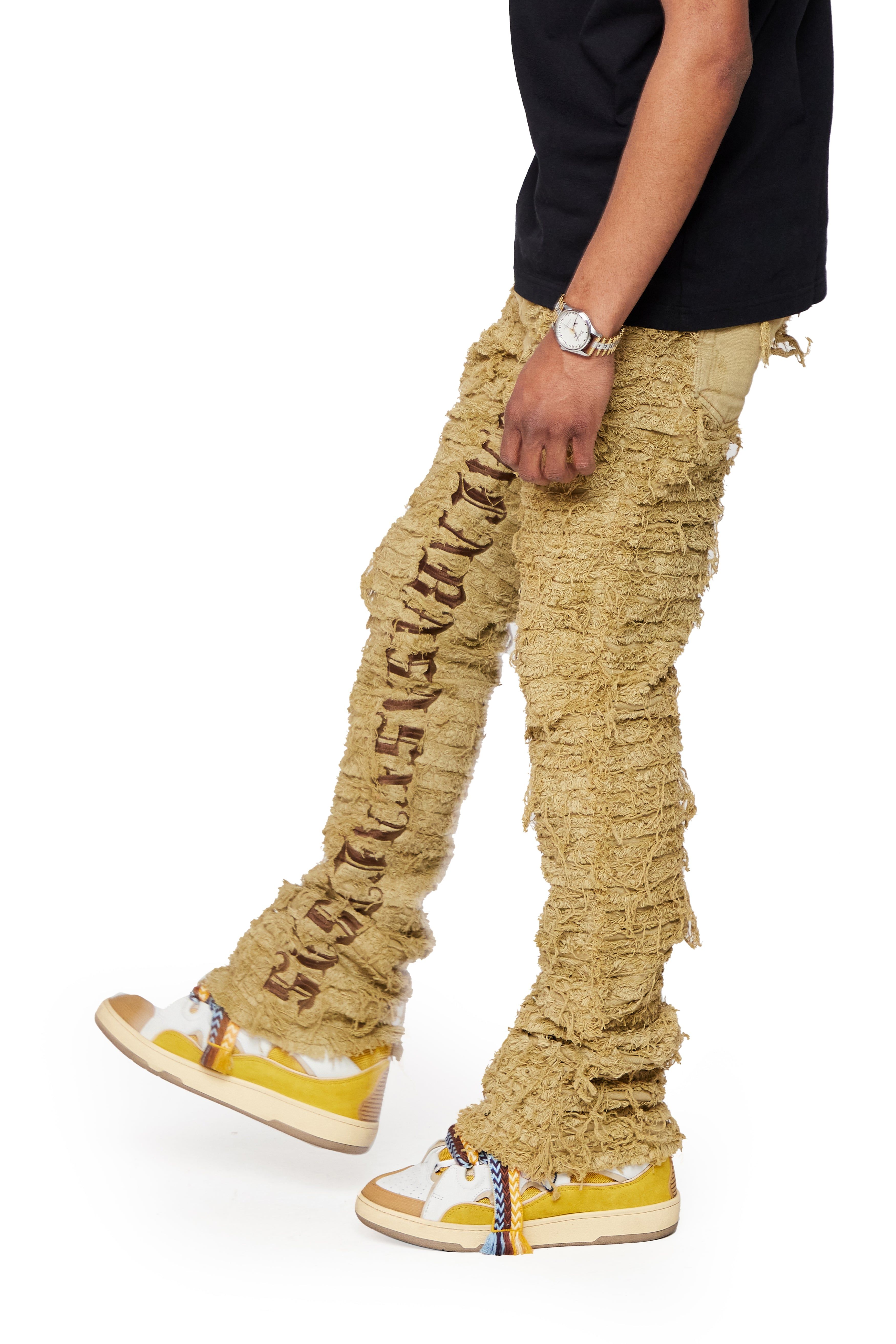 “IRONIC” KHAKI WASHED STACKED FLARE JEAN sold by valabasas