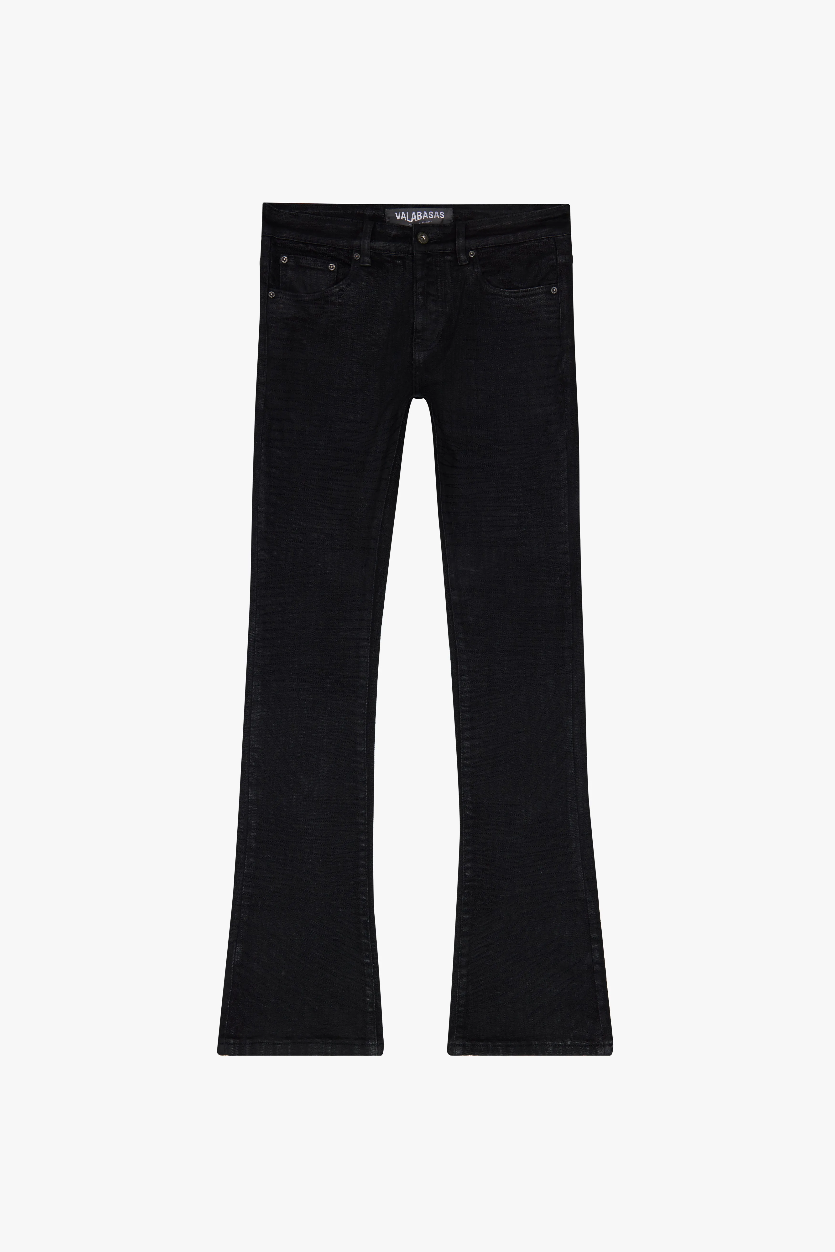 "ENIGMA" JET BLACK STACKED FLARE JEAN sold by valabasas