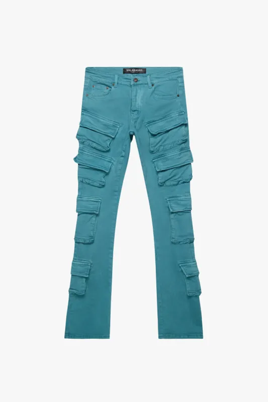 "PINNACLE” AQUA STACKED FLARE JEAN sold by valabasas