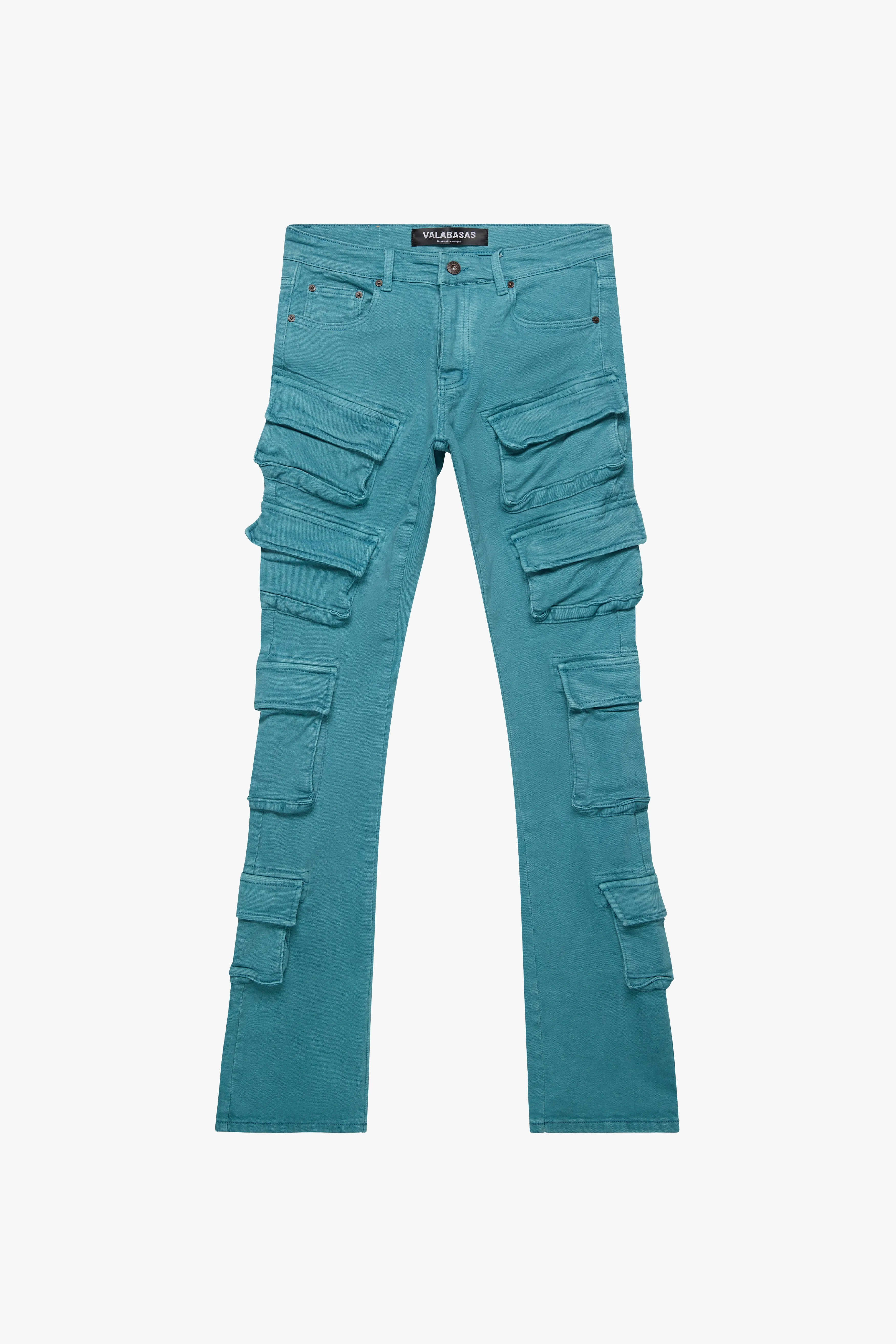 "PINNACLE” STACKED FLARE JEAN AQUA sold by valabasas