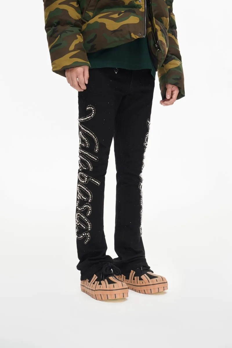 Lattice Black Stacked Flare Jean sold by valabasas