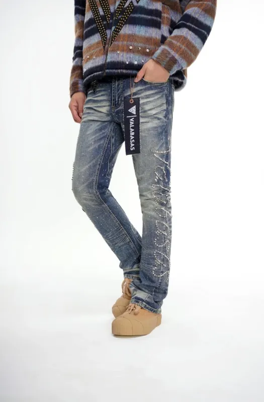 Lattice Dark Blue Stacked Jean sold by valabasas