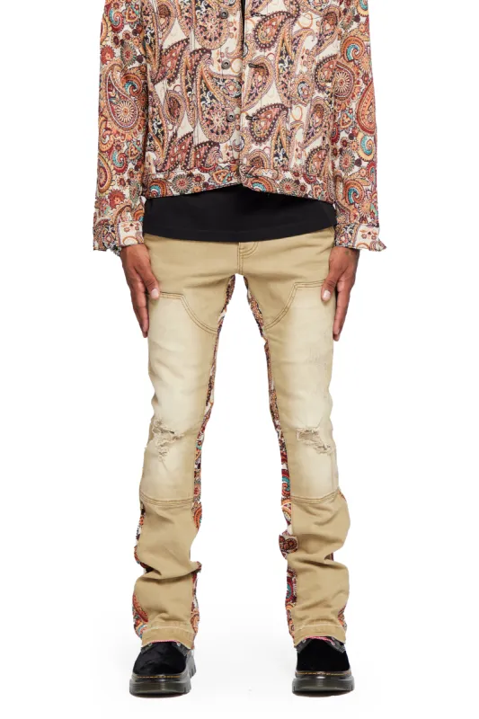 "ALPHA” KHAKI JACQUARD STACKED FLARE JEAN sold by valabasas