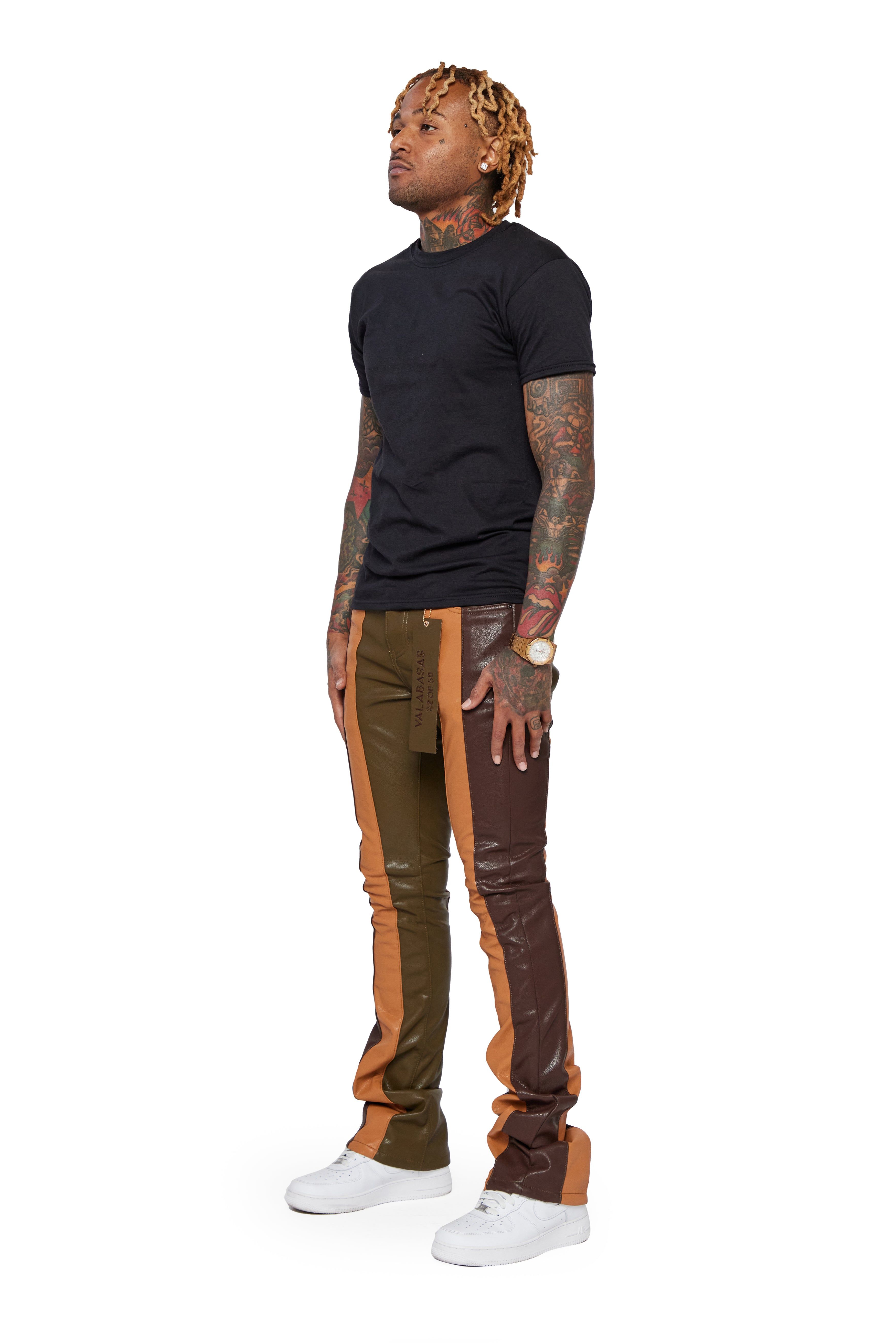 "INTERNATIONAL" OLIVE/DK.KHAKI/DARK WINE RED STACKED FLARE JEAN sold by valabasas product image thumbnail 4