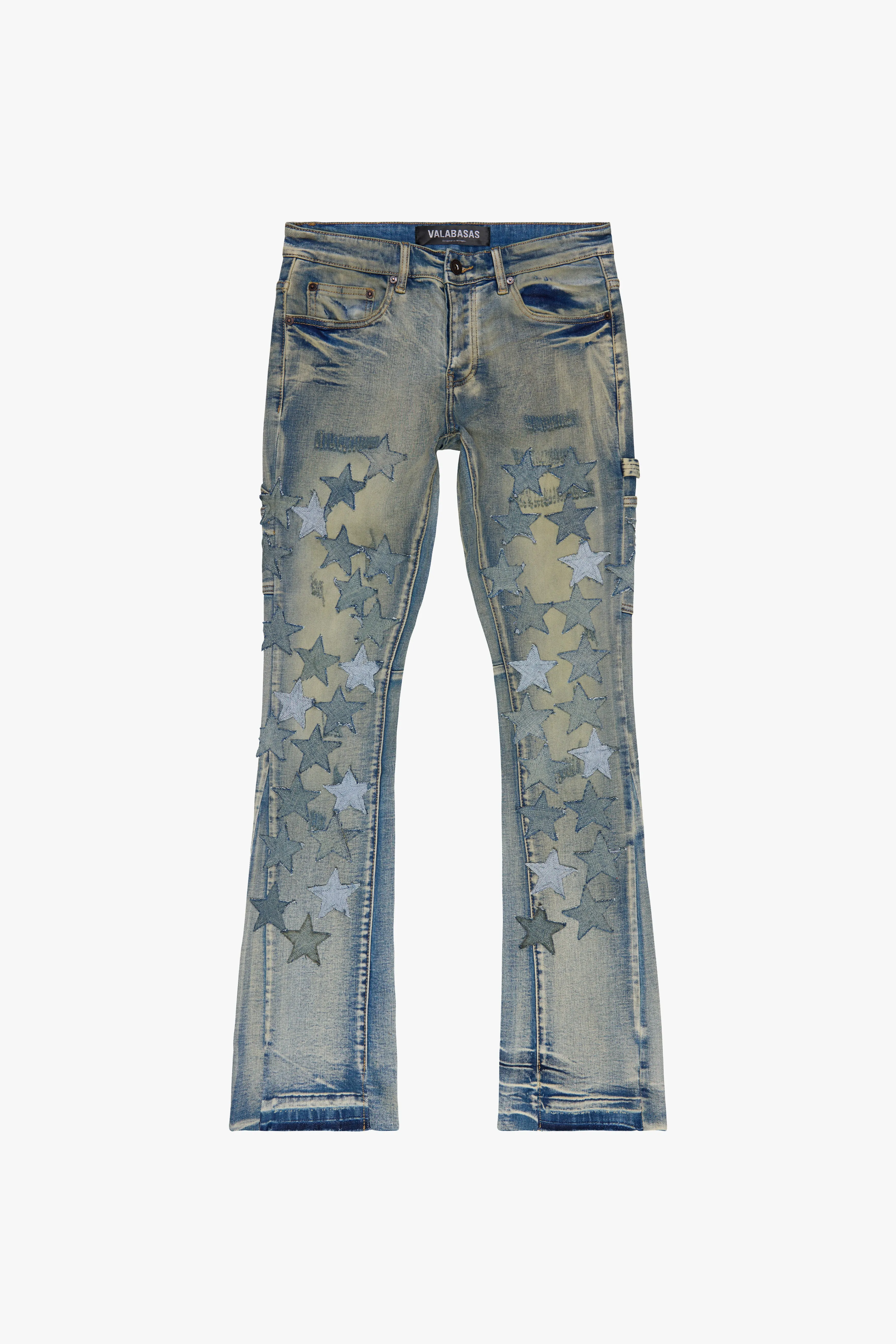 "V-STARS” VINTAGE WASH STACKED FLARE JEAN sold by valabasas