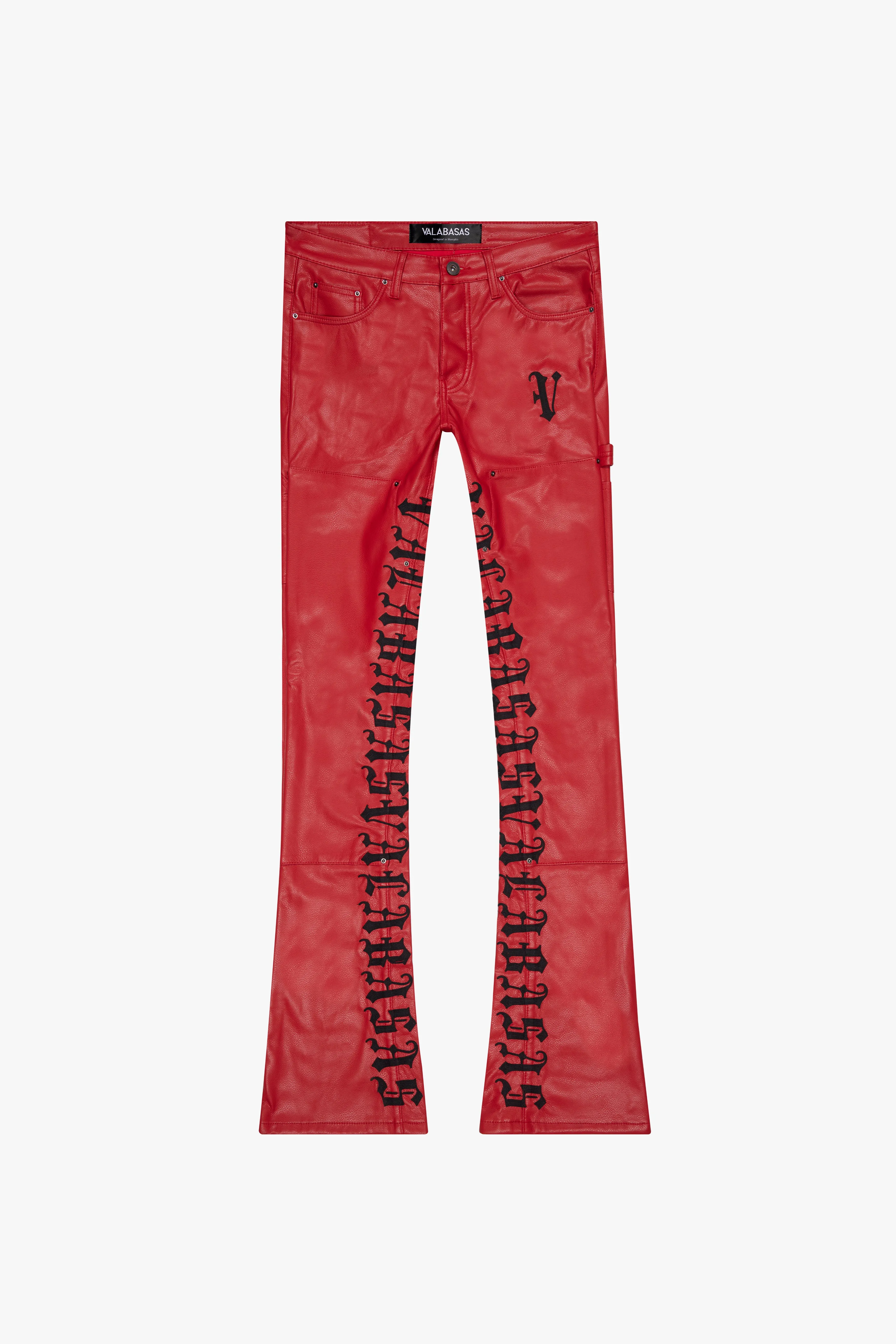 "SUPERIOR WORLD" LEATHER STACKED FLARE JEAN RED sold by valabasas