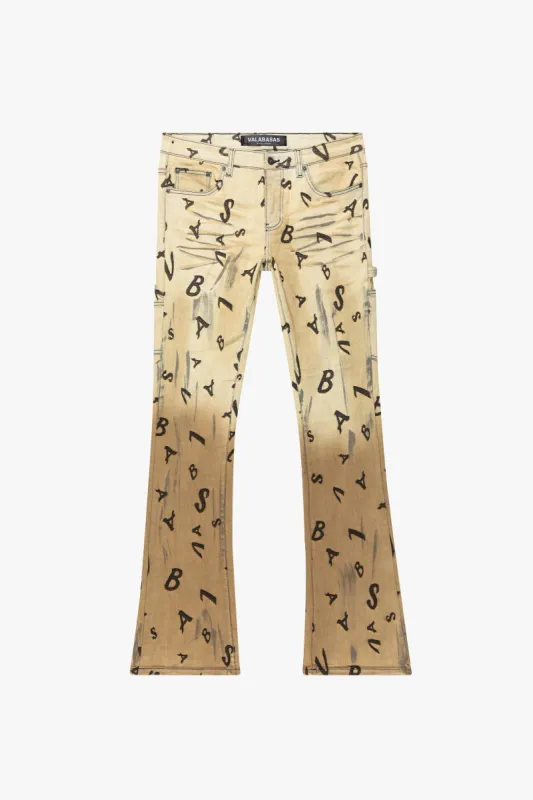 “V-SCRABBLE” STACKED FLARE JEAN CHAMOIS made by valabasas