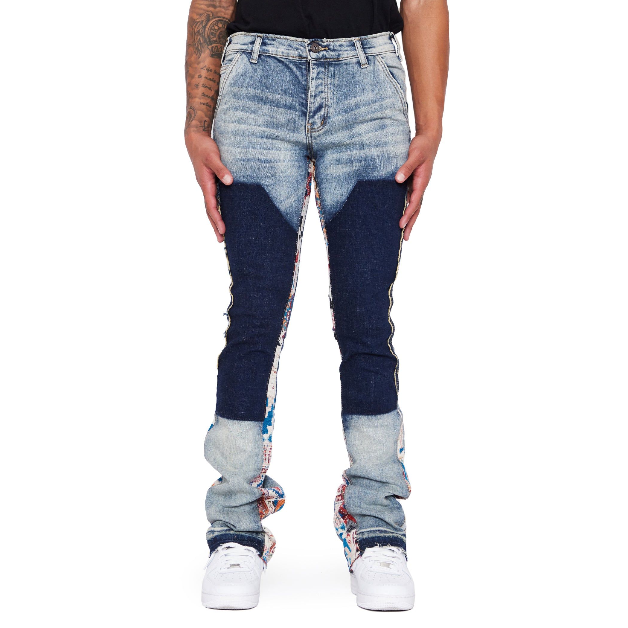 “ALPHA” LT.BLUE JACQUARD STACKED FLARE JEAN sold by valabasas