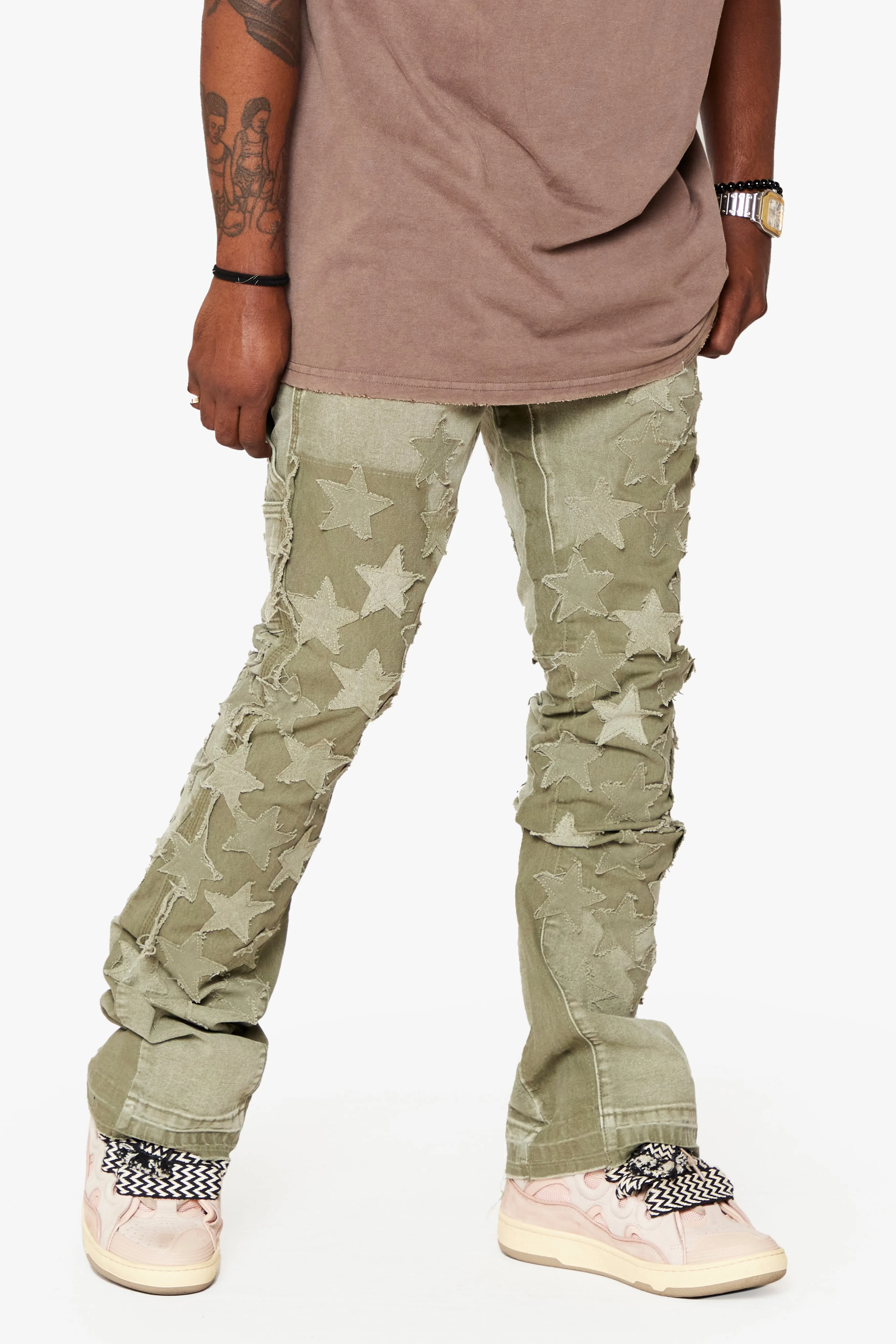 "V-STARS” STACKED FLARE JEAN OLIVE GREEN sold by valabasas product image thumbnail 5