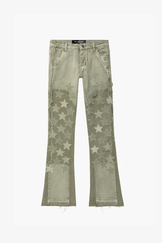 "V-STARS” OLIVE GREEN STACKED FLARE JEAN sold by valabasas