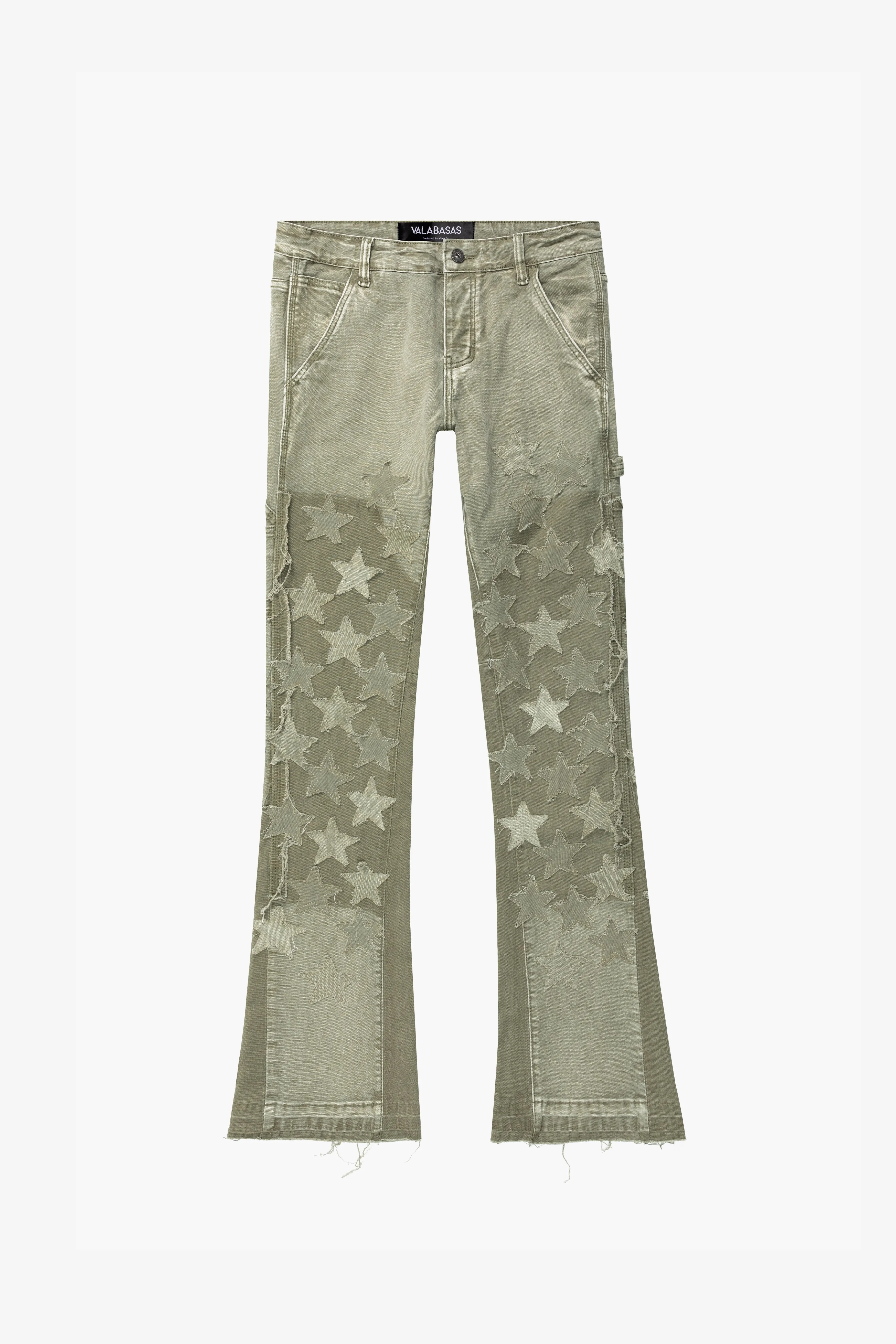 "V-STARS” STACKED FLARE JEAN OLIVE GREEN sold by valabasas