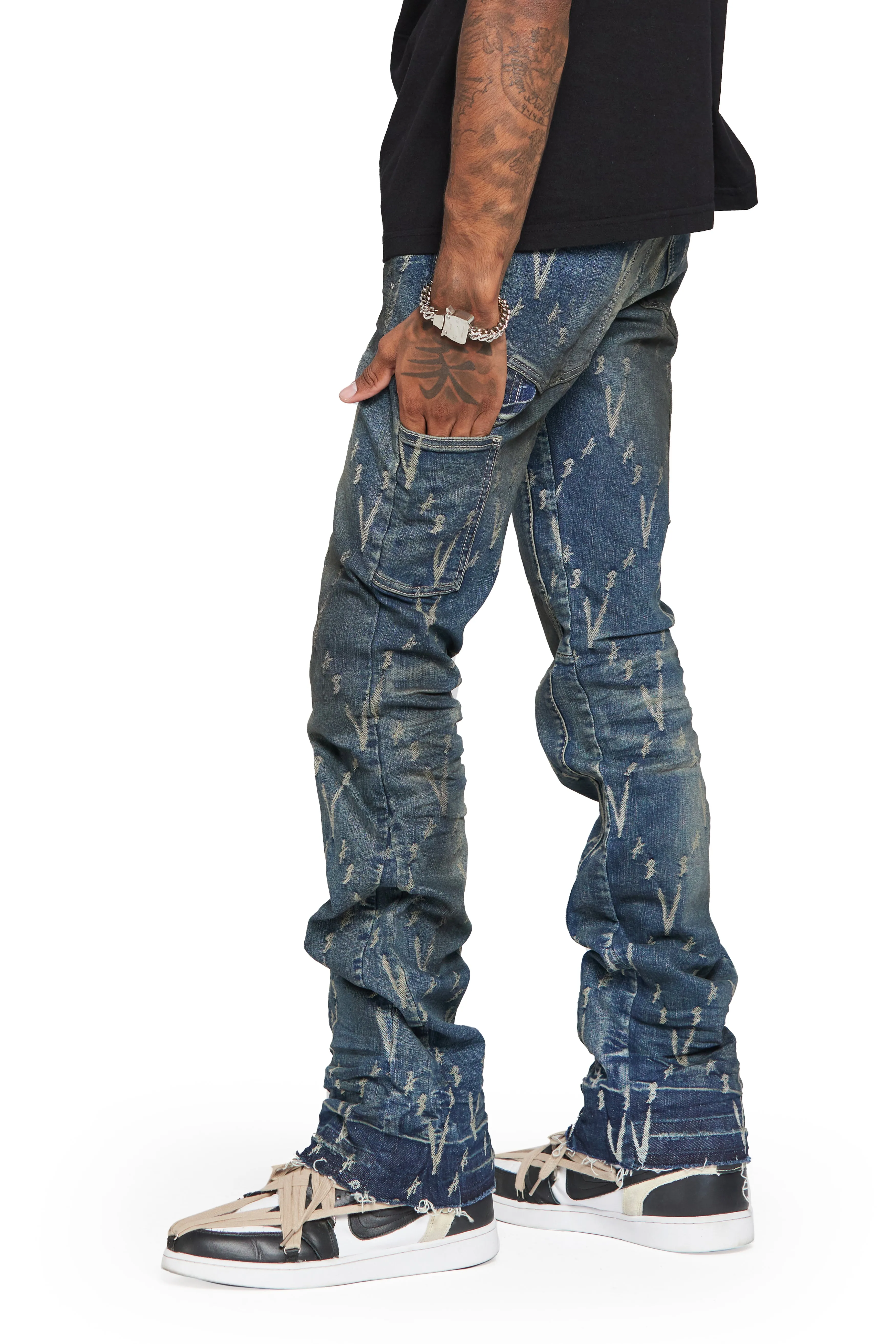 “VLOVE” DARK DIRTY WASH STACKED FLARE JEAN sold by valabasas