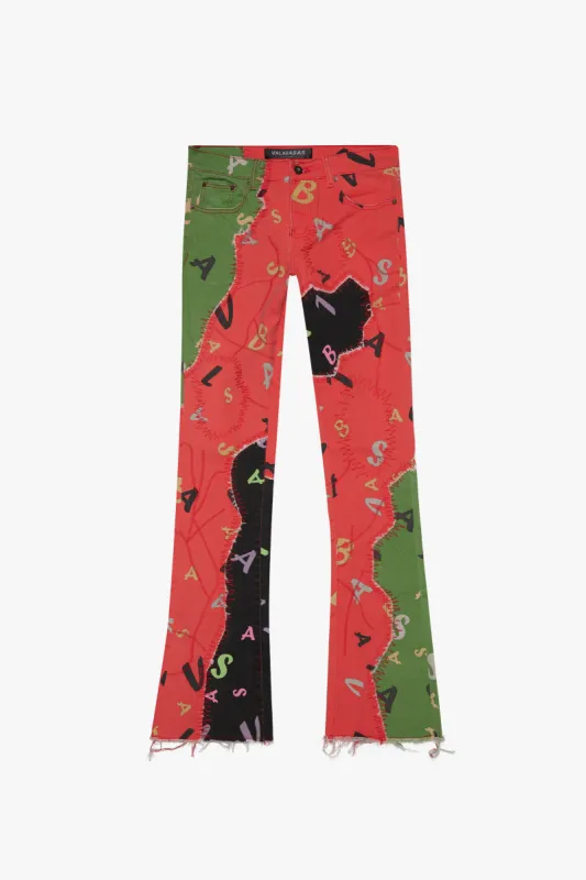 "DISTRACTED" LIME-RED STACKED FLARE JEAN sold by valabasas