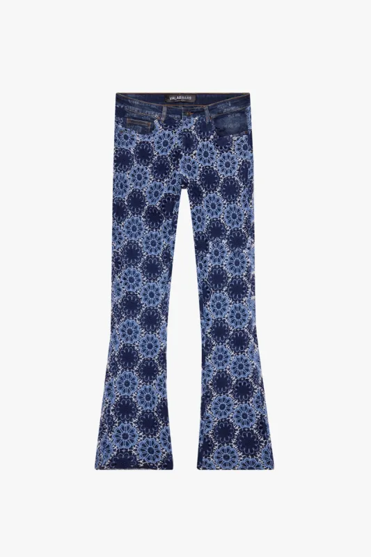 "HONEYCOMB" SAPHIRE CASCADE STACKED FLARE JEAN sold by valabasas