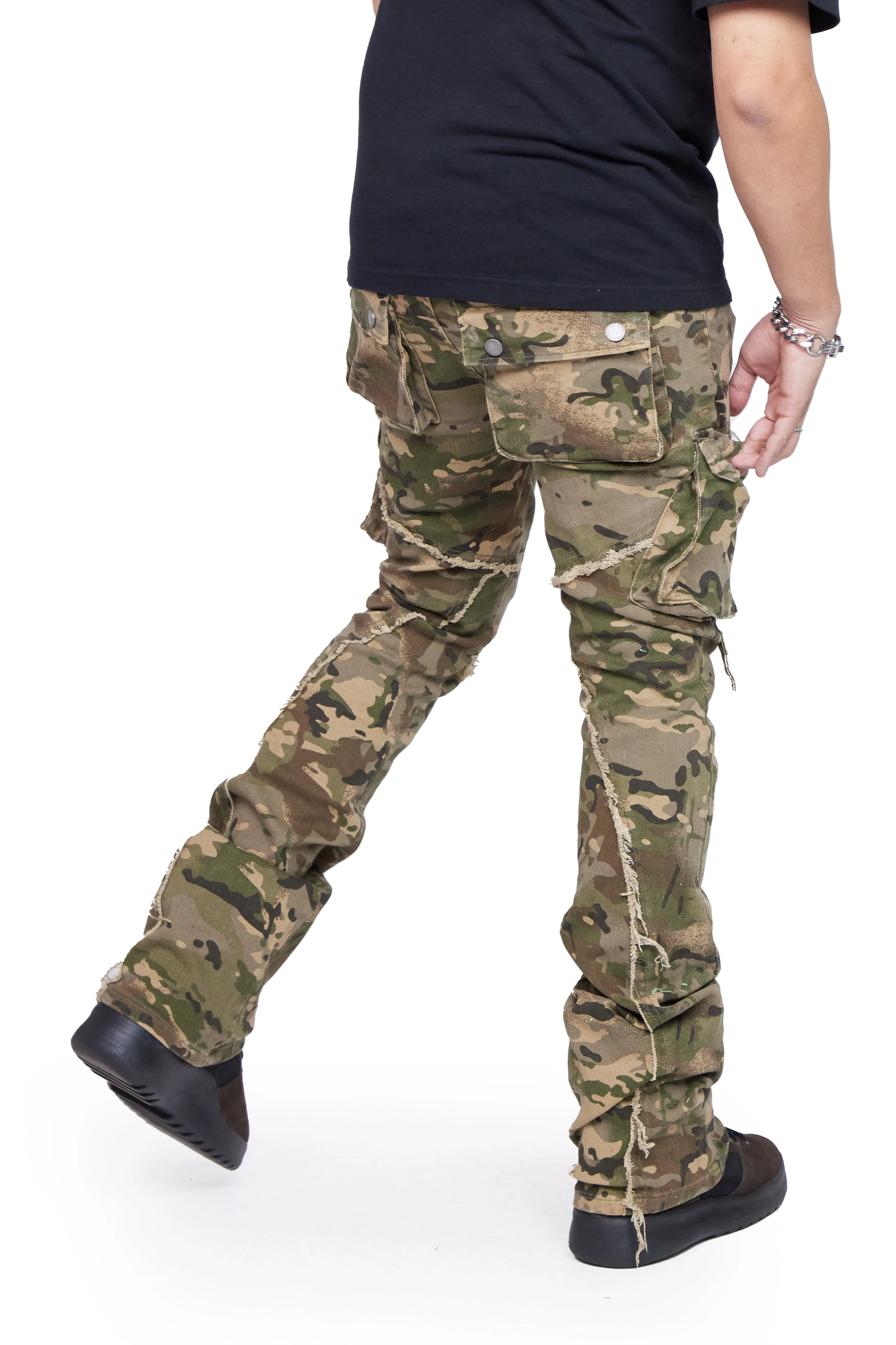 “CANTEEN" CAMO STACKED FLARE JEAN sold by valabasas