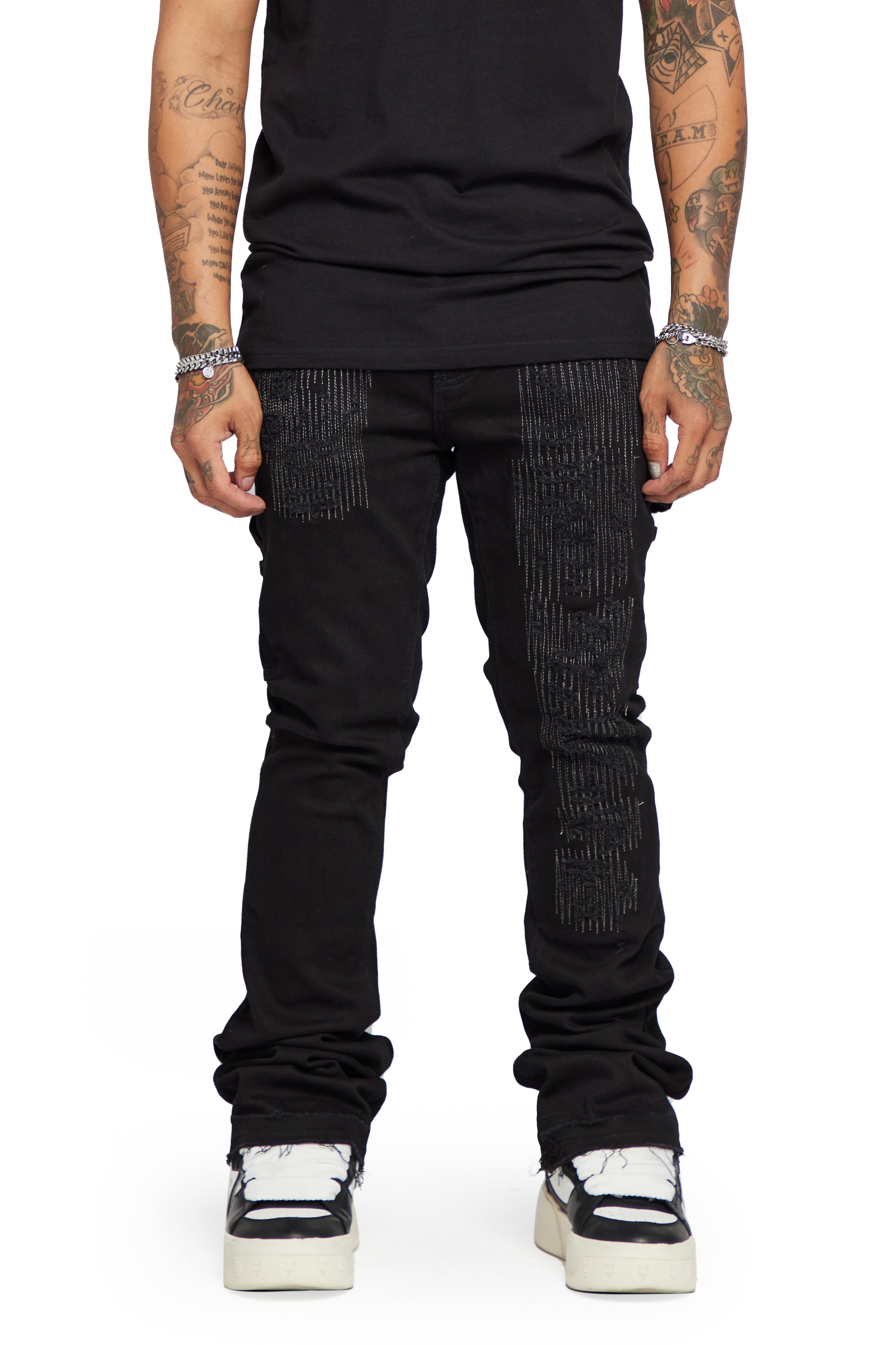 “AZURITE" BLACK STACKED FLARE JEAN sold by valabasas