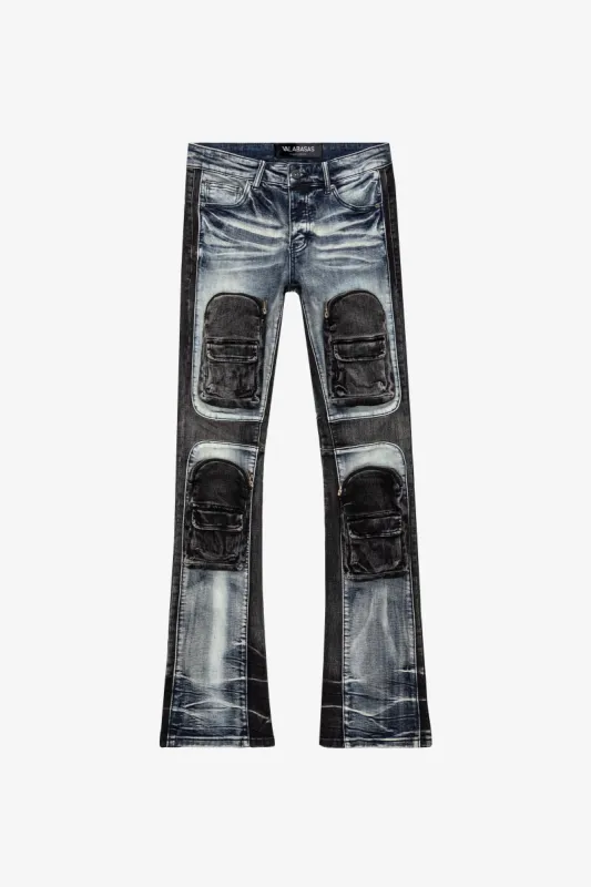 "DUAL SOLDIER" BLUE BLACK WASH STACKED FLARE JEAN sold by valabasas