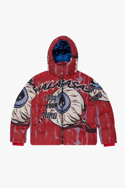 "IQ" RED TAPESTRY PUFFER JACKET sold by valabasas
