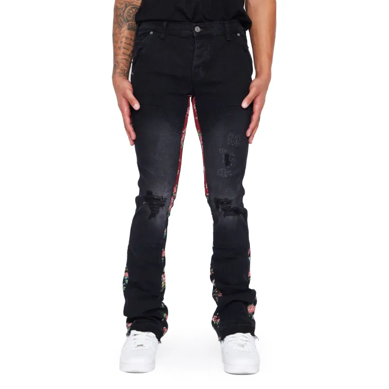 “ALPHA” BLACK JACQUARD STACKED FLARE JEAN sold by valabasas