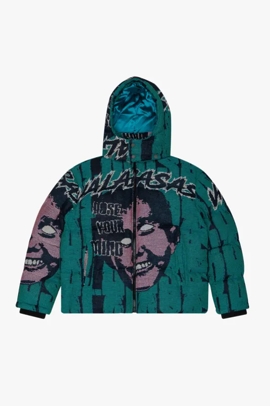 "WARMTH OF WONDER" DEEP PEACOCK BLUE TAPESTRY PUFFER JACKET sold by valabasas
