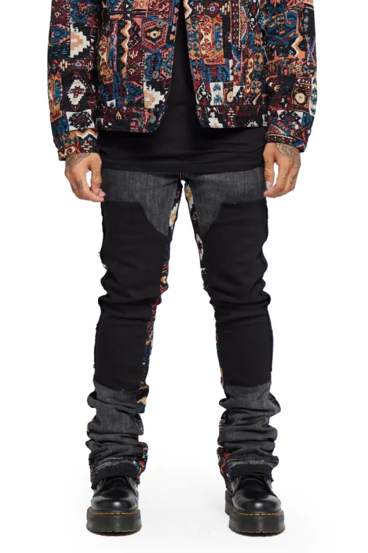 “ALPHA” BLACK WASHED JACQUARD STACKED FLARE JEAN sold by valabasas