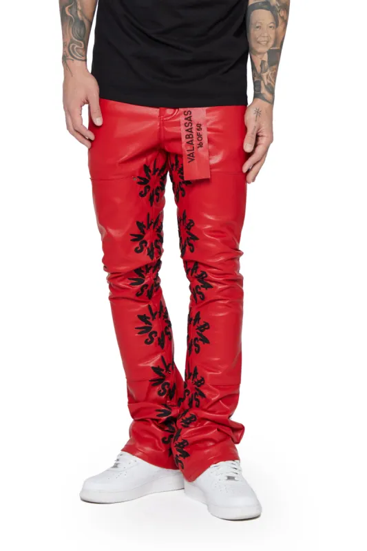 "AKITA" RED BLACK LEATHER STACKED FLARE JEAN sold by valabasas