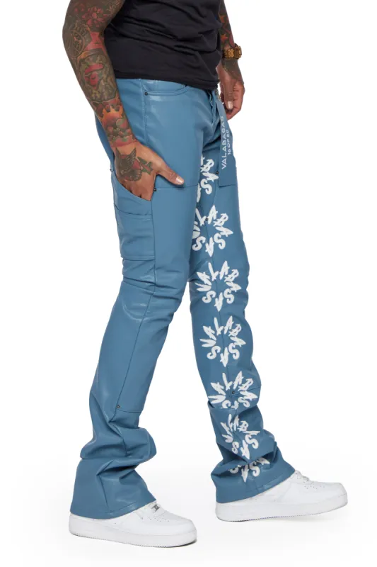 "AKITA" BLUE WHITE LEATHER STACKED FLARE JEAN sold by valabasas