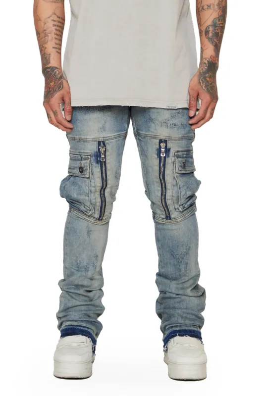 “OCEAN” BLUE DIRTY WASH STACKED FLARE JEAN sold by valabasas