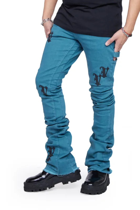 “SELFLESS” VERDE ACQUA SUPER STACKED FLARE JEAN sold by valabasas