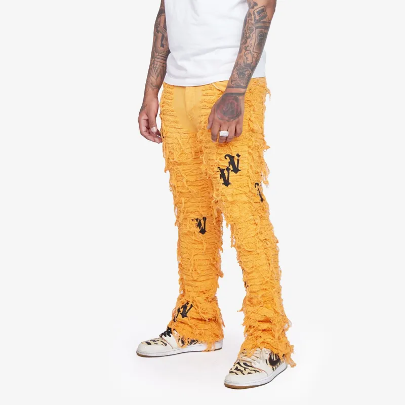 “V-IRONIC” ORANGE STACKED FLARE JEAN sold by valabasas