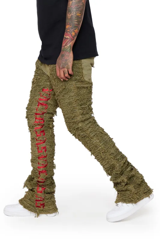 “IRONIC” OLIVE WASHED STACKED FLARE JEAN sold by valabasas