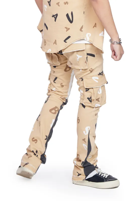 “PUZZLED” KHAKI V CAMO STACKED FLARE JEAN sold by valabasas