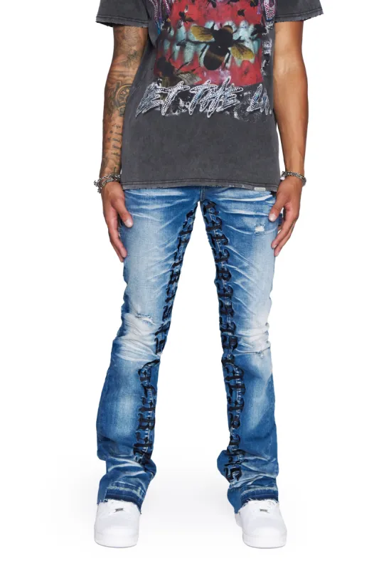 “CLASSIFIED” LT WASHED STACKED FLARE JEAN sold by valabasas