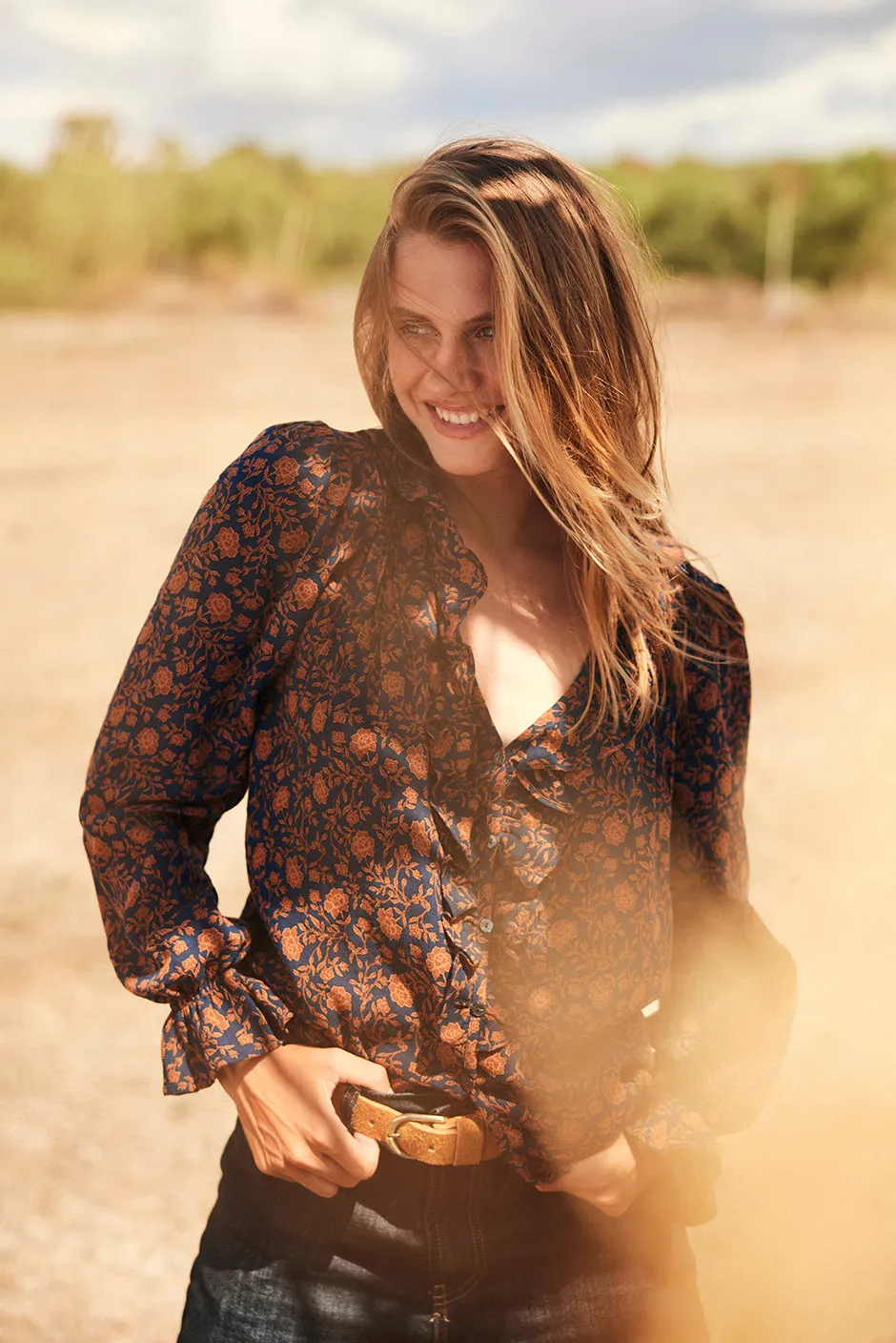 Long Sleeve Chloe Shirt in Navy Batik sold by Paneros