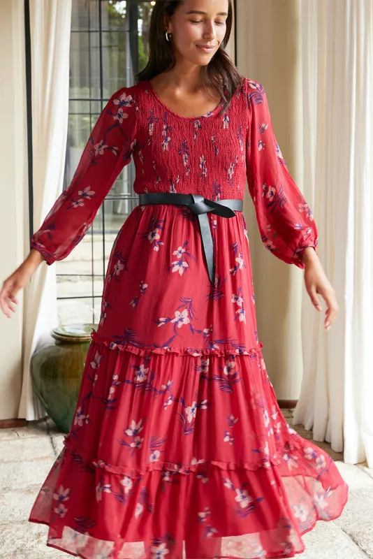 Stella Midi Dress in Cranberry Floral sold by Paneros