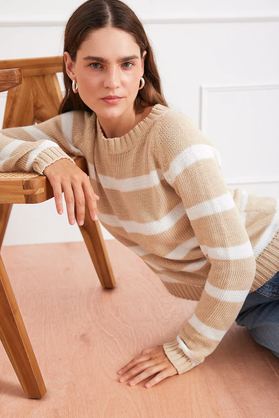 Stripe Sloane Crewneck in Sand Dune sold by Paneros