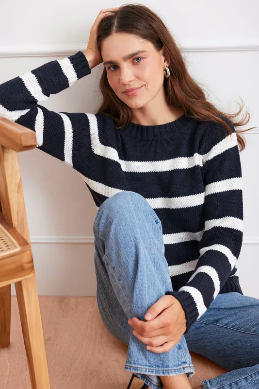 Stripe Sloane Crewneck in Midnight Navy sold by Paneros