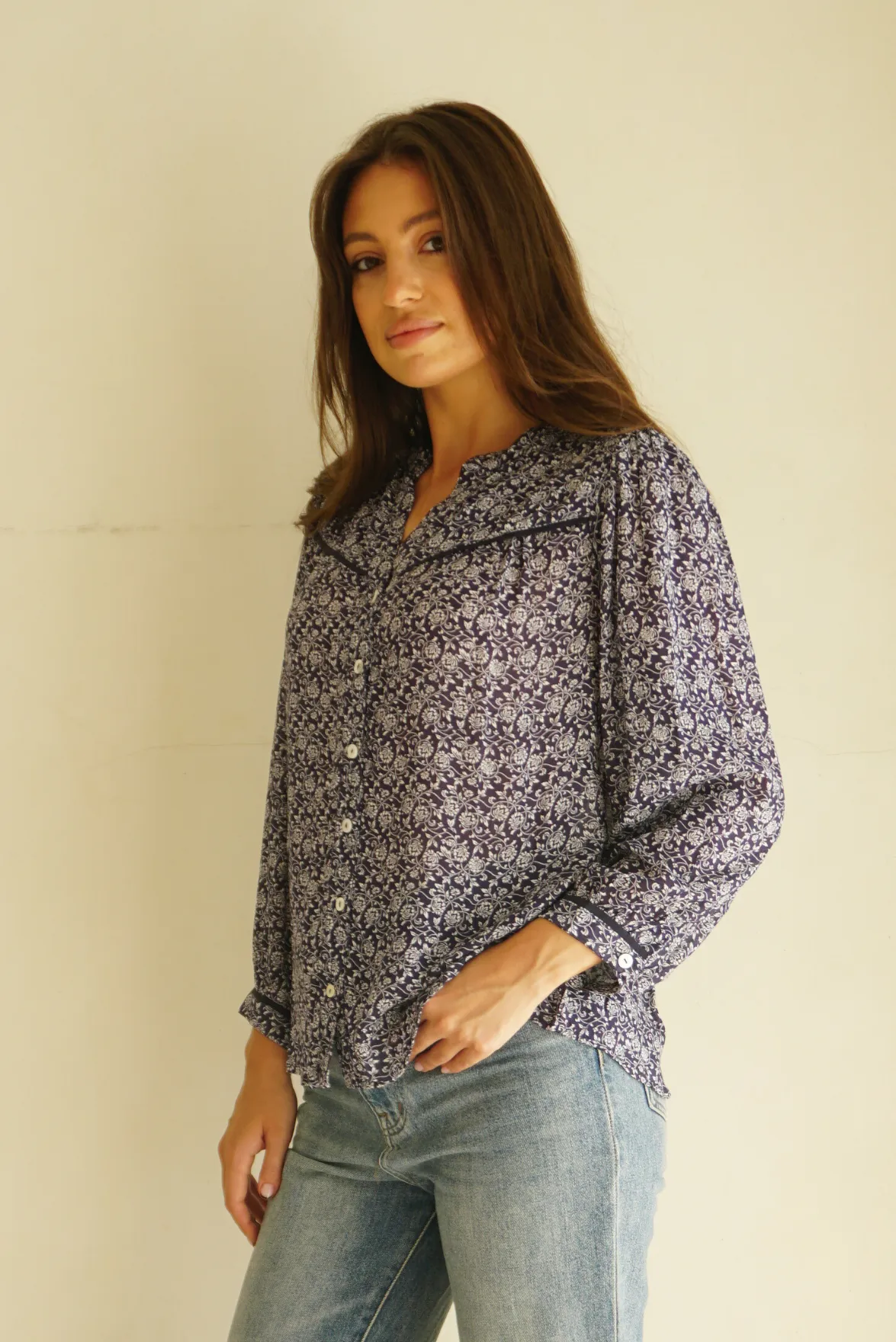 Anna Shirt in Navy Vines Print sold by Paneros product image thumbnail 3