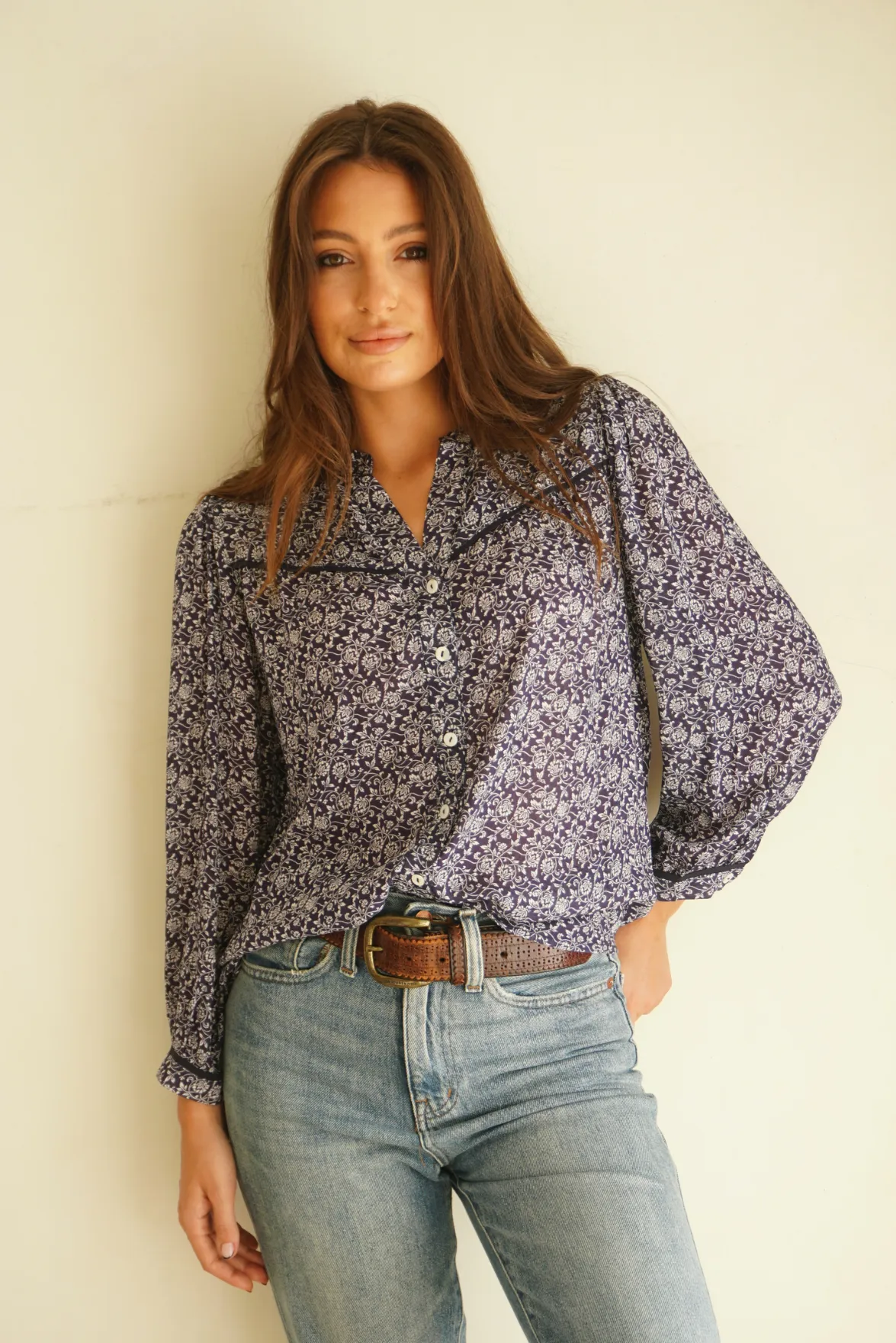 Anna Shirt in Navy Vines Print sold by Paneros