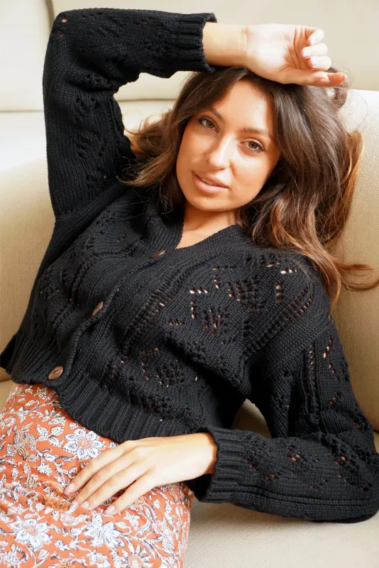 Diana Pointelle Cardigan in Black sold by Paneros
