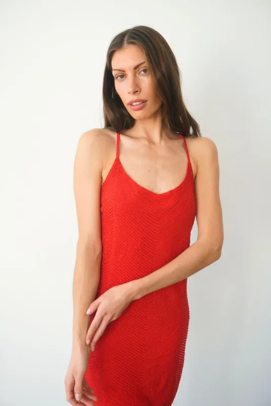 Isla Beaded Mini Dress in Cherry Punch sold by Paneros