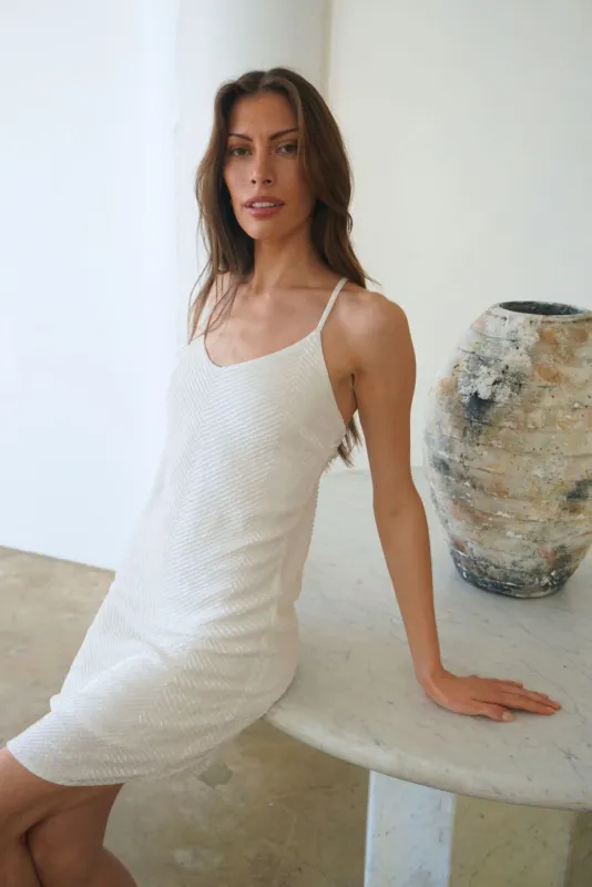 Isla Beaded Mini Dress in Cloud sold by Paneros